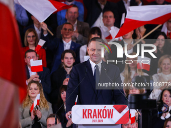 Karol Nawrocki is seen on stage at Law and Justice (PiS) party convention in Krakow, Poland on November 24th, 2024. Nawrocki, the head of Po...