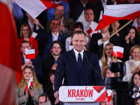 Karol Nawrocki is seen on stage at Law and Justice (PiS) party convention in Krakow, Poland on November 24th, 2024. Nawrocki, the head of Po...