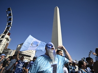 Supporters of Racing Club celebrate the victory of the 2024 Copa Sudamericana in Buenos Aires, Argentina, on November 24, 2024. A massive ga...