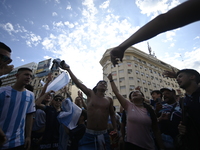 Supporters of Racing Club celebrate the victory of the 2024 Copa Sudamericana in Buenos Aires, Argentina, on November 24, 2024. A massive ga...