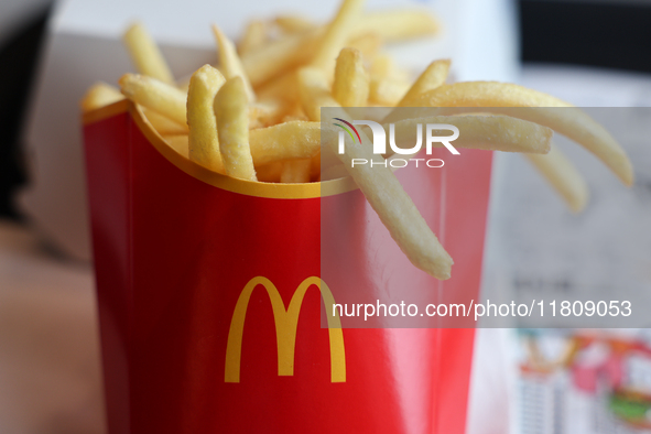 French fries are seen in this illustration photo taken in McDonald's restaurant in Poland on November 24, 2024. 