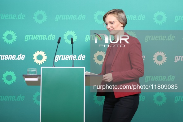 Franziska Brantner, the newly elected federal Chairwoman of the Green Party/Bundnis 90/Die Grunen, speaks to the media during a press confer...