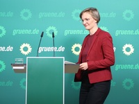 Franziska Brantner, the newly elected federal Chairwoman of the Green Party/Bundnis 90/Die Grunen, speaks to the media during a press confer...