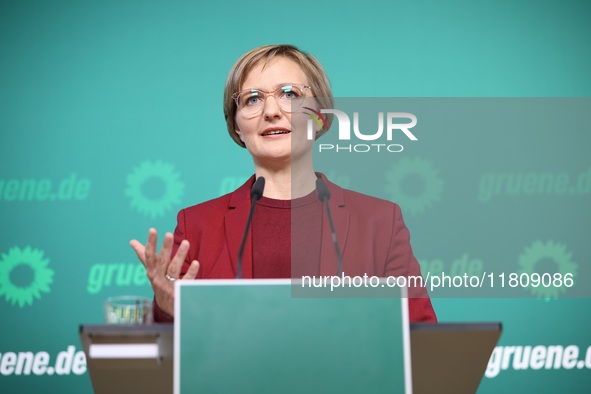 Franziska Brantner, the newly elected federal Chairwoman of the Green Party/Bundnis 90/Die Grunen, speaks to the media during a press confer...