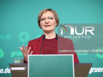 Franziska Brantner, the newly elected federal Chairwoman of the Green Party/Bundnis 90/Die Grunen, speaks to the media during a press confer...