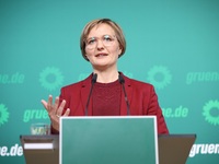 Franziska Brantner, the newly elected federal Chairwoman of the Green Party/Bundnis 90/Die Grunen, speaks to the media during a press confer...