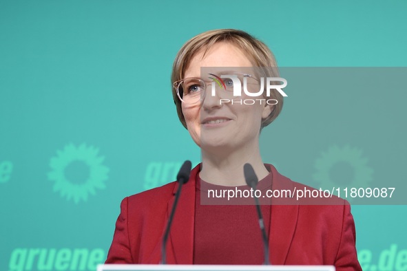 Franziska Brantner, the newly elected federal Chairwoman of the Green Party/Bundnis 90/Die Grunen, speaks to the media during a press confer...