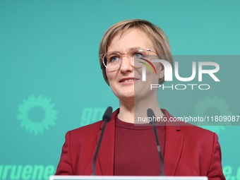 Franziska Brantner, the newly elected federal Chairwoman of the Green Party/Bundnis 90/Die Grunen, speaks to the media during a press confer...