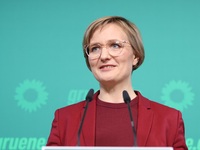 Franziska Brantner, the newly elected federal Chairwoman of the Green Party/Bundnis 90/Die Grunen, speaks to the media during a press confer...