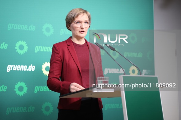 Franziska Brantner, the newly elected federal Chairwoman of the Green Party/Bundnis 90/Die Grunen, speaks to the media during a press confer...