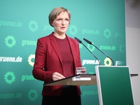 Franziska Brantner, the newly elected federal Chairwoman of the Green Party/Bundnis 90/Die Grunen, speaks to the media during a press confer...