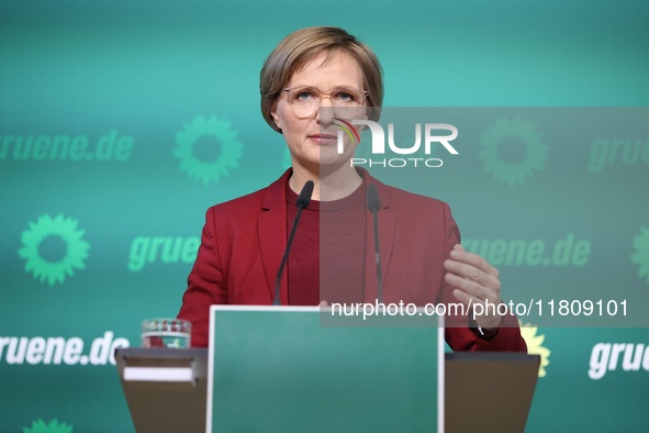 Franziska Brantner, the newly elected federal Chairwoman of the Green Party/Bundnis 90/Die Grunen, speaks to the media during a press confer...