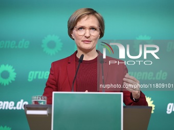 Franziska Brantner, the newly elected federal Chairwoman of the Green Party/Bundnis 90/Die Grunen, speaks to the media during a press confer...