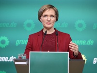 Franziska Brantner, the newly elected federal Chairwoman of the Green Party/Bundnis 90/Die Grunen, speaks to the media during a press confer...