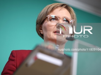 Franziska Brantner, the newly elected federal Chairwoman of the Green Party/Bundnis 90/Die Grunen, speaks to the media during a press confer...