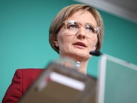 Franziska Brantner, the newly elected federal Chairwoman of the Green Party/Bundnis 90/Die Grunen, speaks to the media during a press confer...