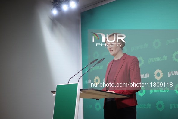 Franziska Brantner, the newly elected federal Chairwoman of the Green Party/Bundnis 90/Die Grunen, speaks to the media during a press confer...