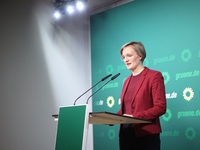 Franziska Brantner, the newly elected federal Chairwoman of the Green Party/Bundnis 90/Die Grunen, speaks to the media during a press confer...