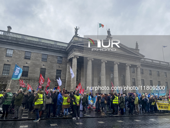 A demonstration against genocide in Palestine takes place on O'Connell Street in Dublin, Ireland, on November 2024. 