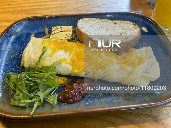 Salted breakfast consists of omelettes with cheese in Dublin, Ireland, on November 2024 