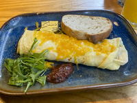 Salted breakfast consists of omelettes with cheese in Dublin, Ireland, on November 2024 (