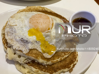 An Irish salad breakfast consists of eggs, sausages, and pancakes in Dublin, Ireland, on November 2024. (