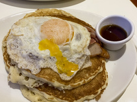 An Irish salad breakfast consists of eggs, sausages, and pancakes in Dublin, Ireland, on November 2024. (