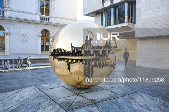 General view of Sfera con Sfera by Arnaldo Pomodoro in Trinity College Library in Dublin, Ireland, on November 2024 