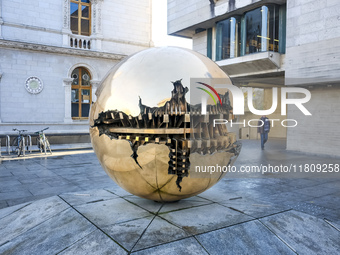 General view of Sfera con Sfera by Arnaldo Pomodoro in Trinity College Library in Dublin, Ireland, on November 2024 (