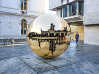 General view of Sfera con Sfera by Arnaldo Pomodoro in Trinity College Library in Dublin, Ireland, on November 2024 (