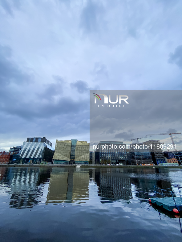 General view of Dublin Docklands from Liffey in Dublin, Ireland, on November 2024 