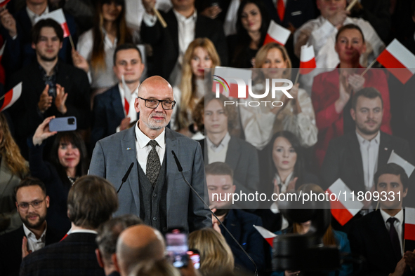 KRAKOW, POLAND - NOVEMBER 24:
Andrzej Nowak,  a Polish historian and journalist, introduces Karol Nawrocki as the party's candidate for the...