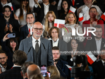 KRAKOW, POLAND - NOVEMBER 24:
Andrzej Nowak,  a Polish historian and journalist, introduces Karol Nawrocki as the party's candidate for the...