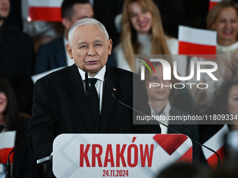 KRAKOW, POLAND - NOVEMBER 24:
Jaroslaw Kaczynski (Center), leader of the opposition Law and Justice party, addresses the crowd during the no...