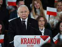 KRAKOW, POLAND - NOVEMBER 24:
Jaroslaw Kaczynski (Center), leader of the opposition Law and Justice party, addresses the crowd during the no...