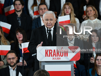 KRAKOW, POLAND - NOVEMBER 24:
Jaroslaw Kaczynski (Center), leader of the opposition Law and Justice party, addresses the crowd during the no...