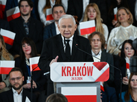 KRAKOW, POLAND - NOVEMBER 24:
Jaroslaw Kaczynski (Center), leader of the opposition Law and Justice party, addresses the crowd during the no...