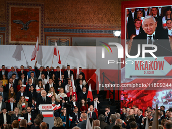 KRAKOW, POLAND - NOVEMBER 24:
Jaroslaw Kaczynski (Center left), leader of the opposition Law and Justice party, addresses the crowd during t...