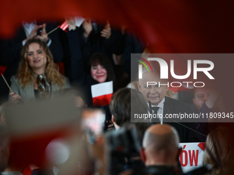 KRAKOW, POLAND - NOVEMBER 24:
Jaroslaw Kaczynski (Center), leader of the opposition Law and Justice party, addresses the crowd during the no...