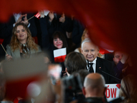 KRAKOW, POLAND - NOVEMBER 24:
Jaroslaw Kaczynski (Center), leader of the opposition Law and Justice party, addresses the crowd during the no...