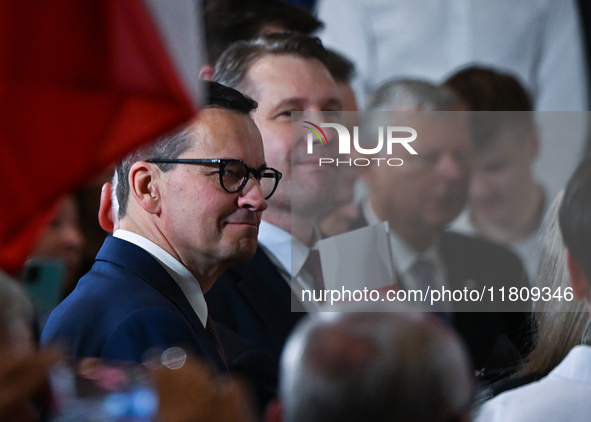 KRAKOW, POLAND - NOVEMBER 24:
Mateusz Morawiecki (Left) and Przemyslaw Czarnek, the oppositin Law and Justice party MPs, seen during the nom...