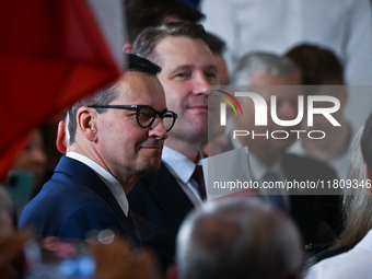 KRAKOW, POLAND - NOVEMBER 24:
Mateusz Morawiecki (Left) and Przemyslaw Czarnek, the oppositin Law and Justice party MPs, seen during the nom...