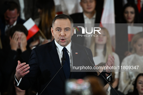 KRAKOW, POLAND - NOVEMBER 24:
Karol Nawrocki, the Law and Justice (PiS) party's candidate for the 2025 presidential election, during his spe...