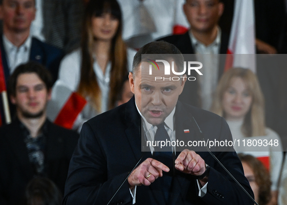 KRAKOW, POLAND - NOVEMBER 24:
Karol Nawrocki, the Law and Justice (PiS) party's candidate for the 2025 presidential election, during his spe...