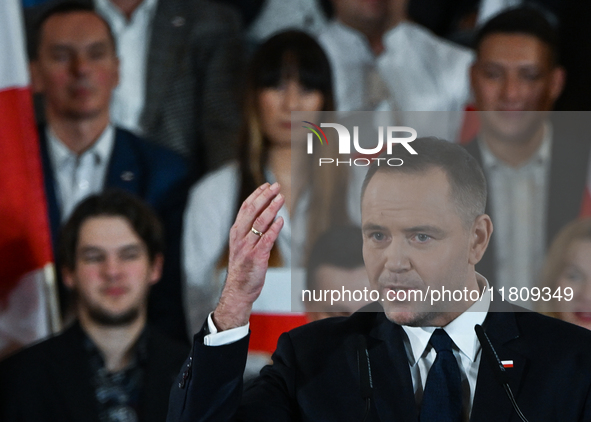 KRAKOW, POLAND - NOVEMBER 24:
Karol Nawrocki, the Law and Justice (PiS) party's candidate for the 2025 presidential election, during his spe...