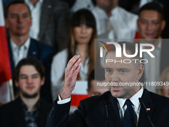 KRAKOW, POLAND - NOVEMBER 24:
Karol Nawrocki, the Law and Justice (PiS) party's candidate for the 2025 presidential election, during his spe...