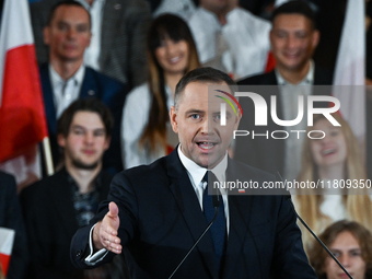 KRAKOW, POLAND - NOVEMBER 24:
Karol Nawrocki, the Law and Justice (PiS) party's candidate for the 2025 presidential election, during his spe...