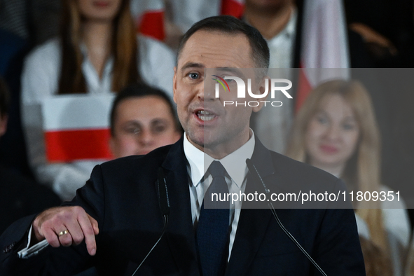 KRAKOW, POLAND - NOVEMBER 24:
Karol Nawrocki, the Law and Justice (PiS) party's candidate for the 2025 presidential election, during his spe...