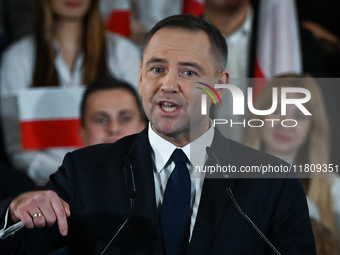 KRAKOW, POLAND - NOVEMBER 24:
Karol Nawrocki, the Law and Justice (PiS) party's candidate for the 2025 presidential election, during his spe...