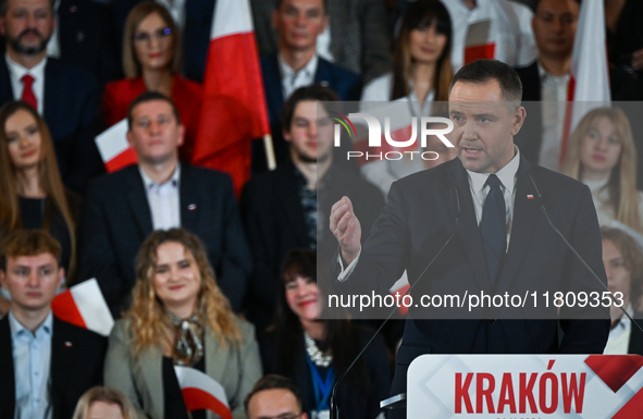 KRAKOW, POLAND - NOVEMBER 24:
Karol Nawrocki, the Law and Justice (PiS) party's candidate for the 2025 presidential election, during his spe...